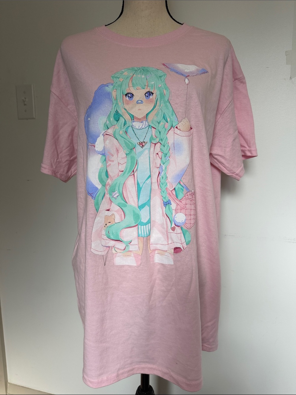 Chrisana Mun Pink Anime Graphic Tee for Adults Mint Green Balloons